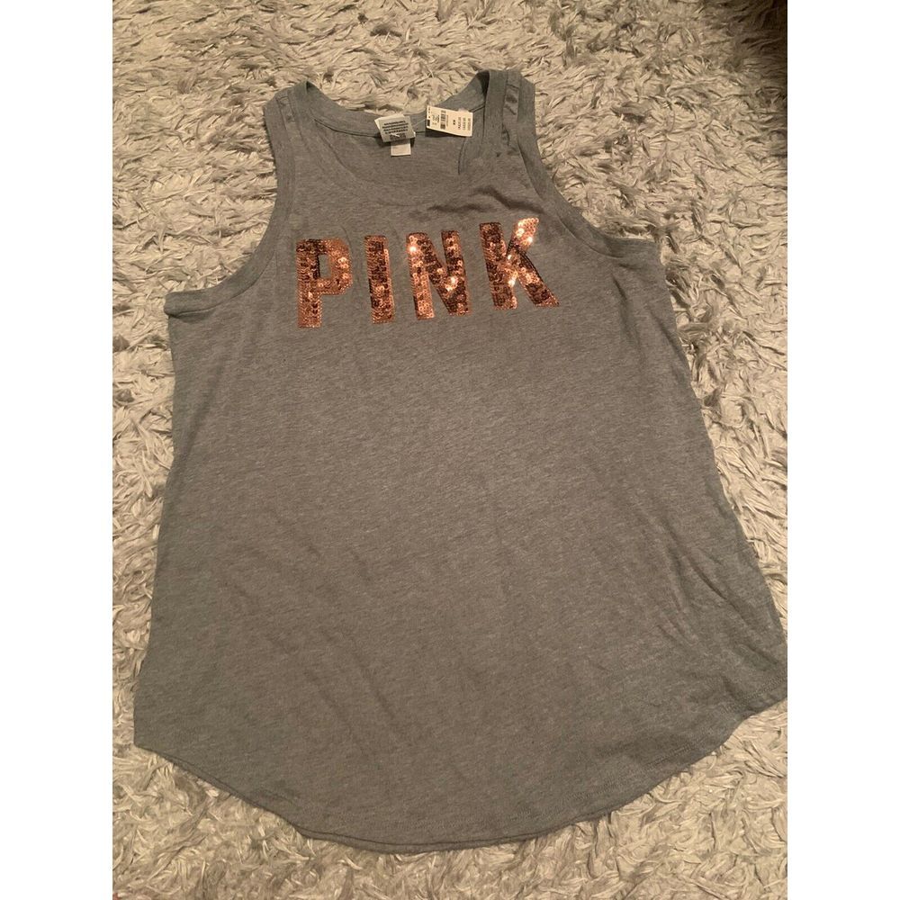 Victoria's Secret PINK Gray Rose Gold Bling Sequins Muscle Tank Top Sz XS‎